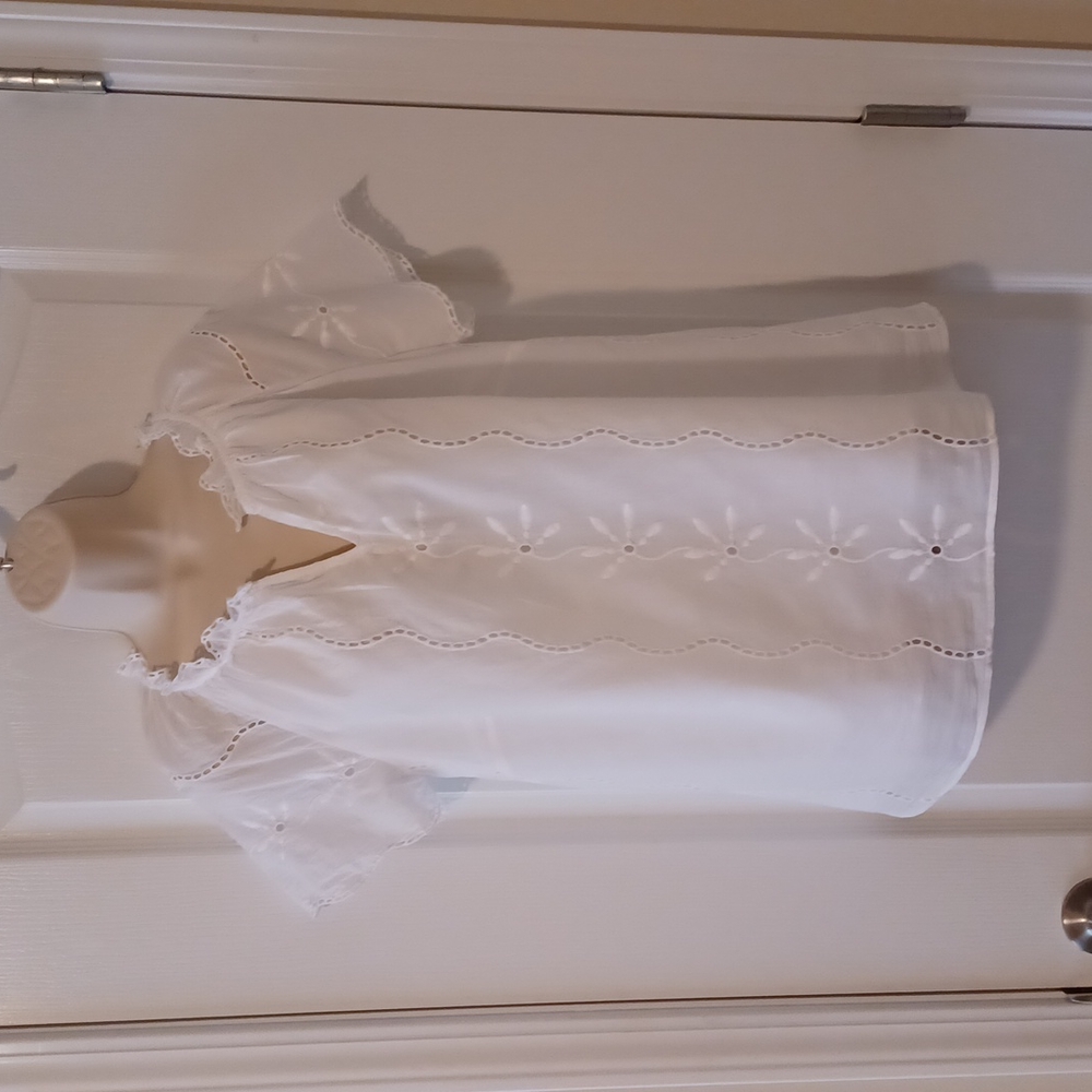 TALBOTS Women's Cotton Short Sleeve Split Neck Eyelet Blouse White Size Small